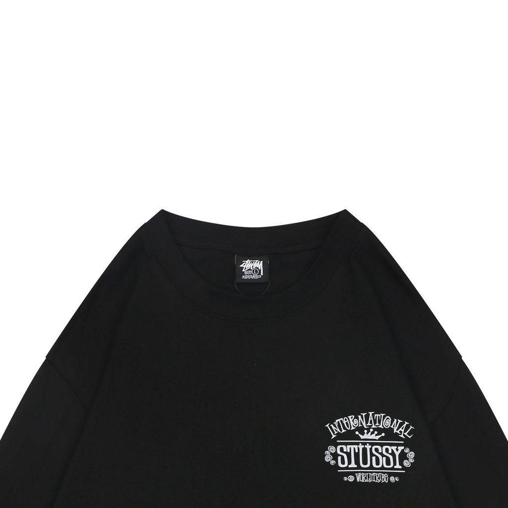 Stussy crown letter print long sleeve T-shirt black 230g combed cotton digital direct print double washed relaxed fit graphic tee sizes S-XL
