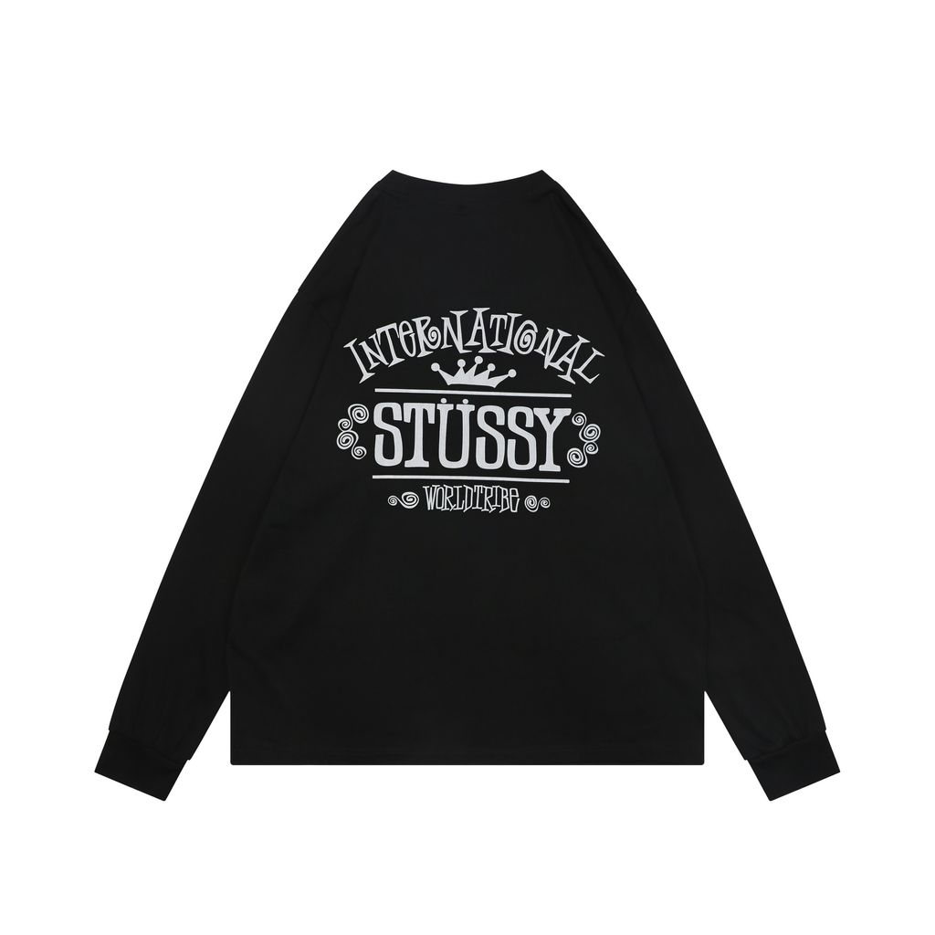 Stussy crown letter print long sleeve T-shirt black 230g combed cotton digital direct print double washed relaxed fit graphic tee sizes S-XL