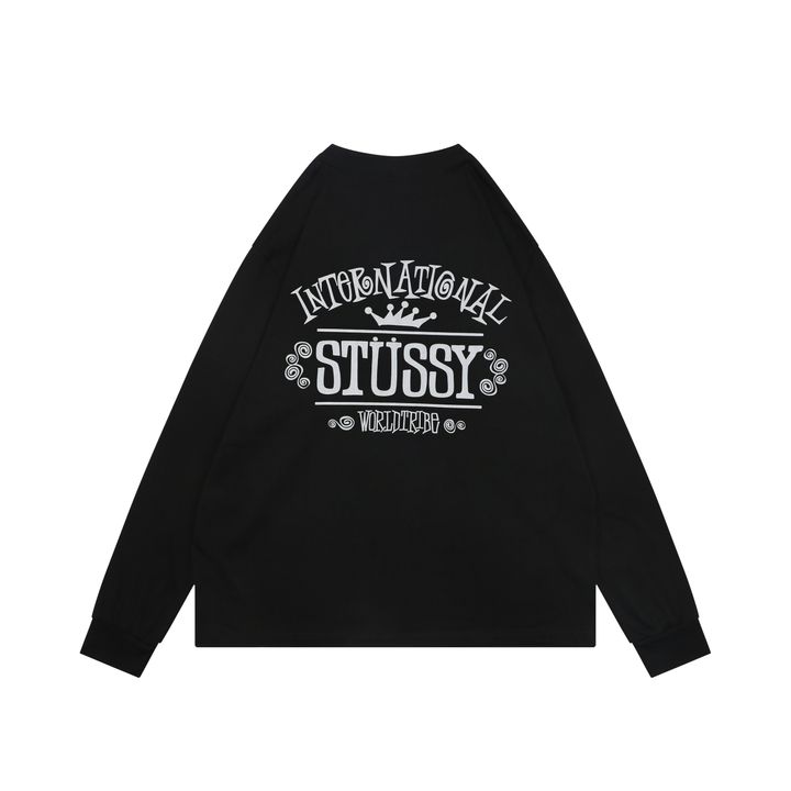 Stussy crown letter print long sleeve T-shirt black 230g combed cotton digital direct print double washed relaxed fit graphic tee sizes S-XL