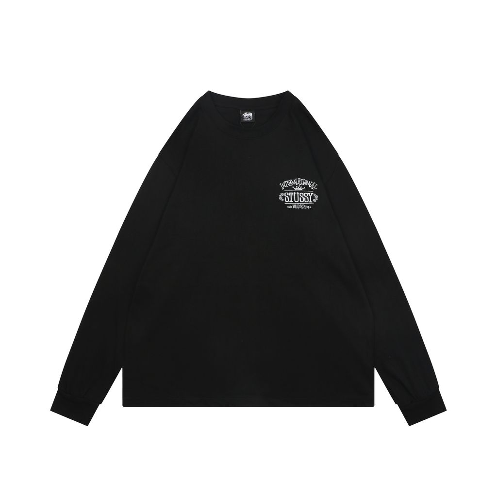 Stussy crown letter print long sleeve T-shirt black 230g combed cotton digital direct print double washed relaxed fit graphic tee sizes S-XL