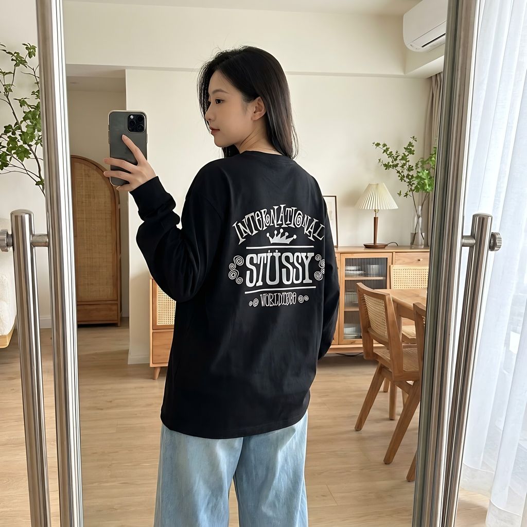 Stussy crown letter print long sleeve T-shirt black 230g combed cotton digital direct print double washed relaxed fit graphic tee sizes S-XL