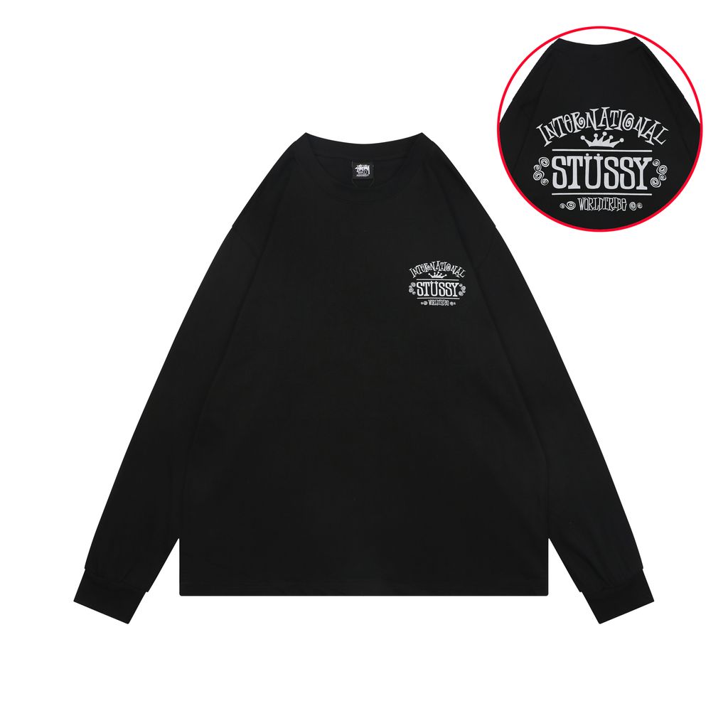 Stussy crown letter print long sleeve T-shirt black 230g combed cotton digital direct print double washed relaxed fit graphic tee sizes S-XL