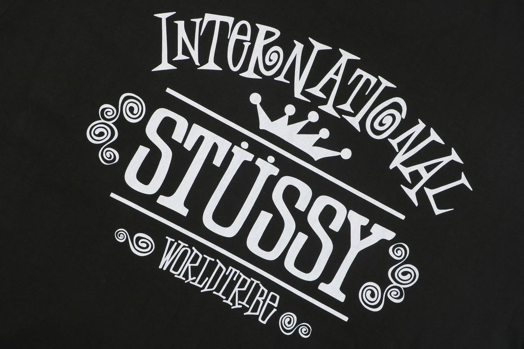 Stussy crown letter print long sleeve T-shirt black 230g combed cotton digital direct print double washed relaxed fit graphic tee sizes S-XL