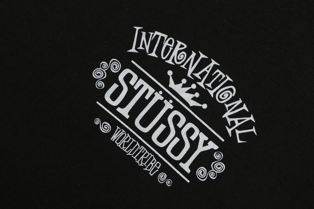 Stussy crown letter print long sleeve T-shirt black 230g combed cotton digital direct print double washed relaxed fit graphic tee sizes S-XL