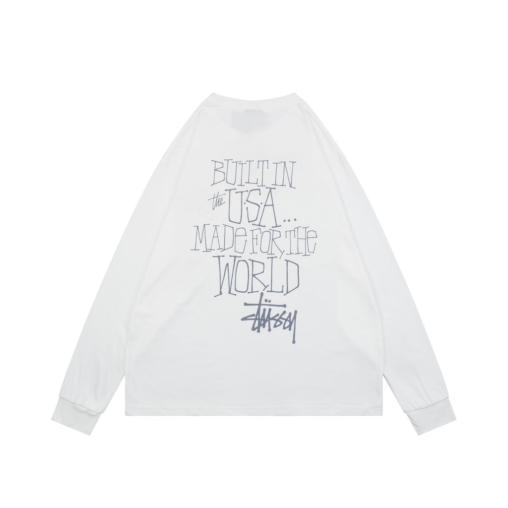 Stussy brand manifesto print long sleeve T-shirt white 230g combed cotton digital direct print double washed relaxed fit graphic tee sizes S-XL