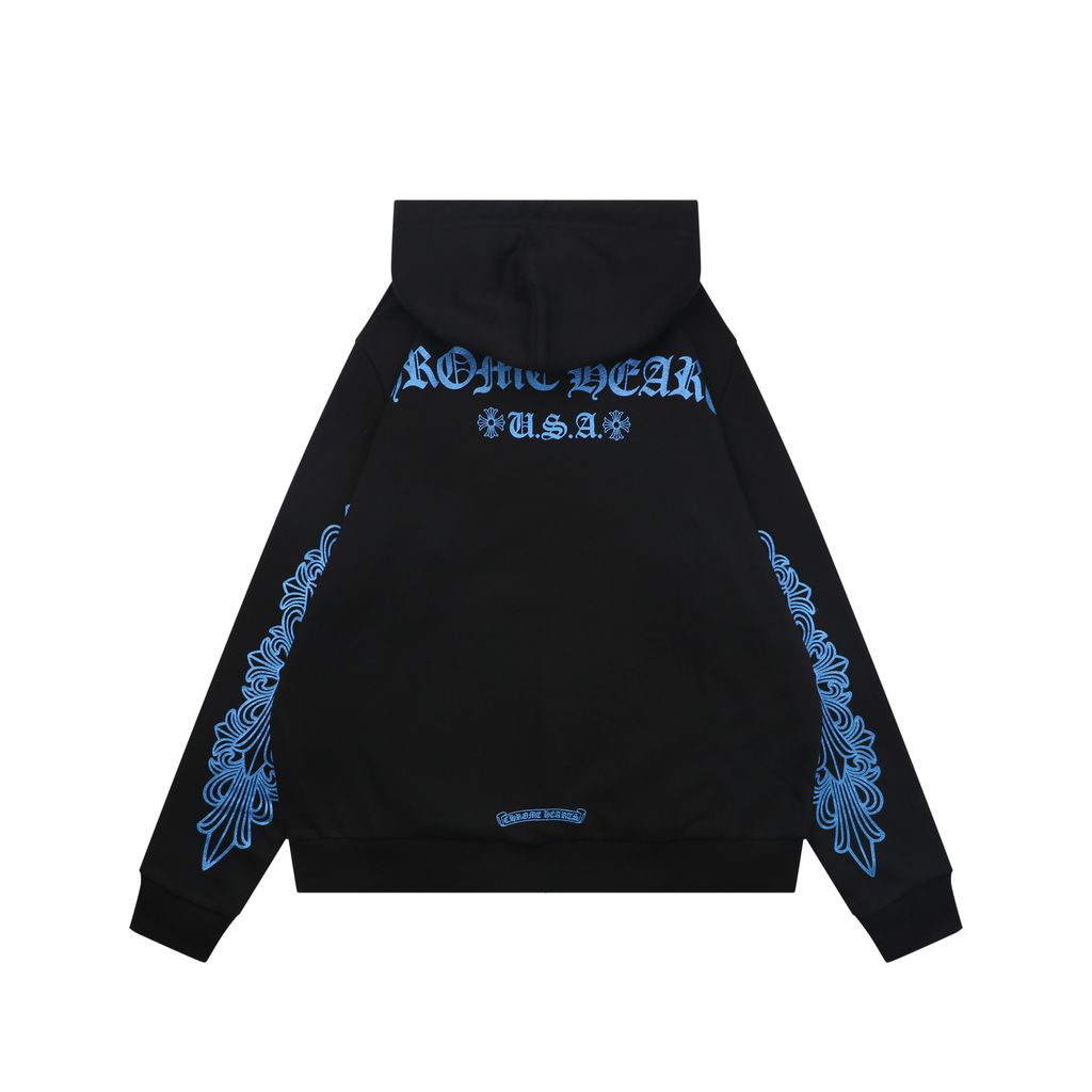 Chrome Hearts glitter cross Sanskrit print hoodie black blue 320g 100 percent cotton brushed loopback fleece crystal glitter graphic vintage washed unisex sizes S-L