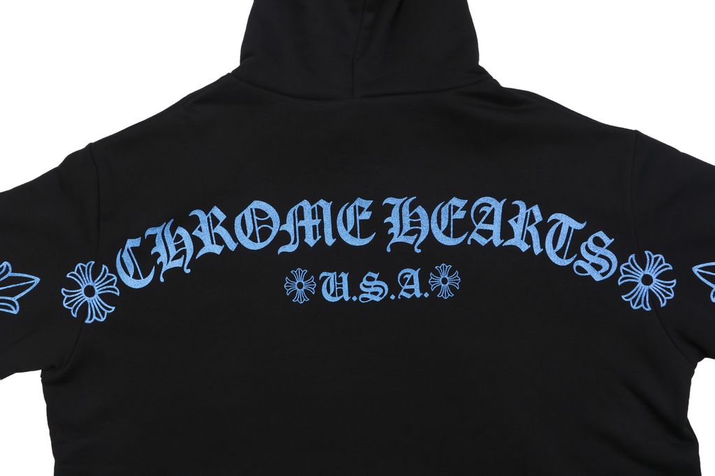Chrome Hearts glitter cross Sanskrit print hoodie black blue 320g 100 percent cotton brushed loopback fleece crystal glitter graphic vintage washed unisex sizes S-L