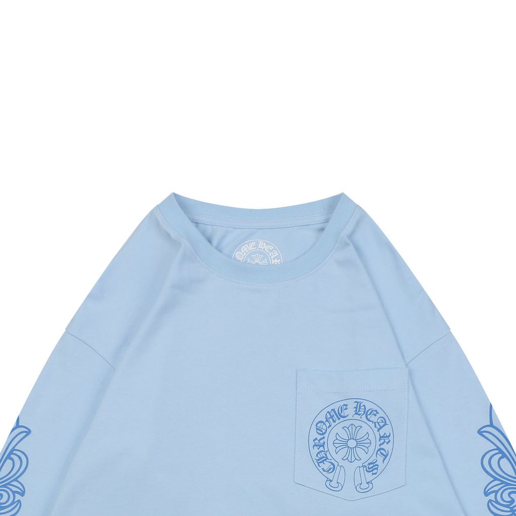 Chrome Hearts cross sleeve Sanskrit scroll print long sleeve T-shirt light blue 220g 100 percent cotton brushed finish high temperature ink relaxed unisex fit sizes S-L