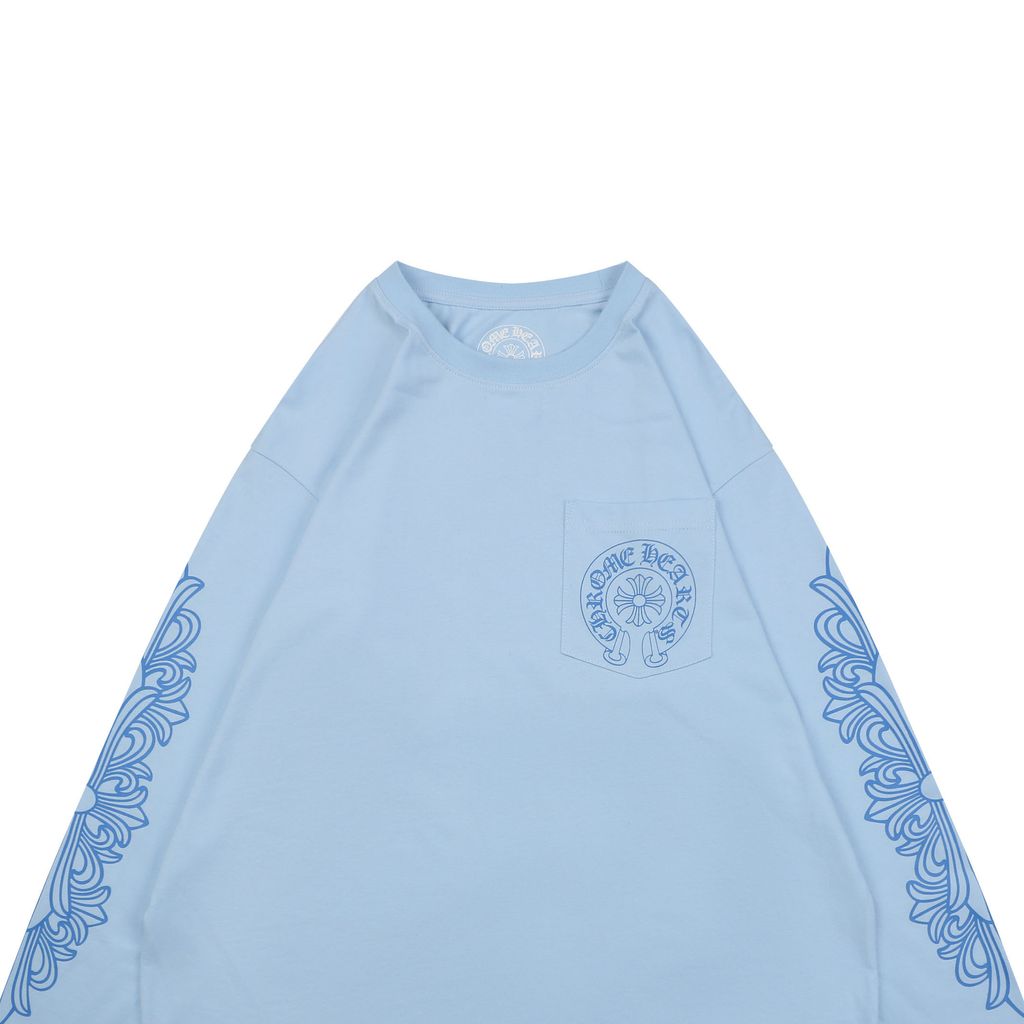 Chrome Hearts cross sleeve Sanskrit scroll print long sleeve T-shirt light blue 220g 100 percent cotton brushed finish high temperature ink relaxed unisex fit sizes S-L