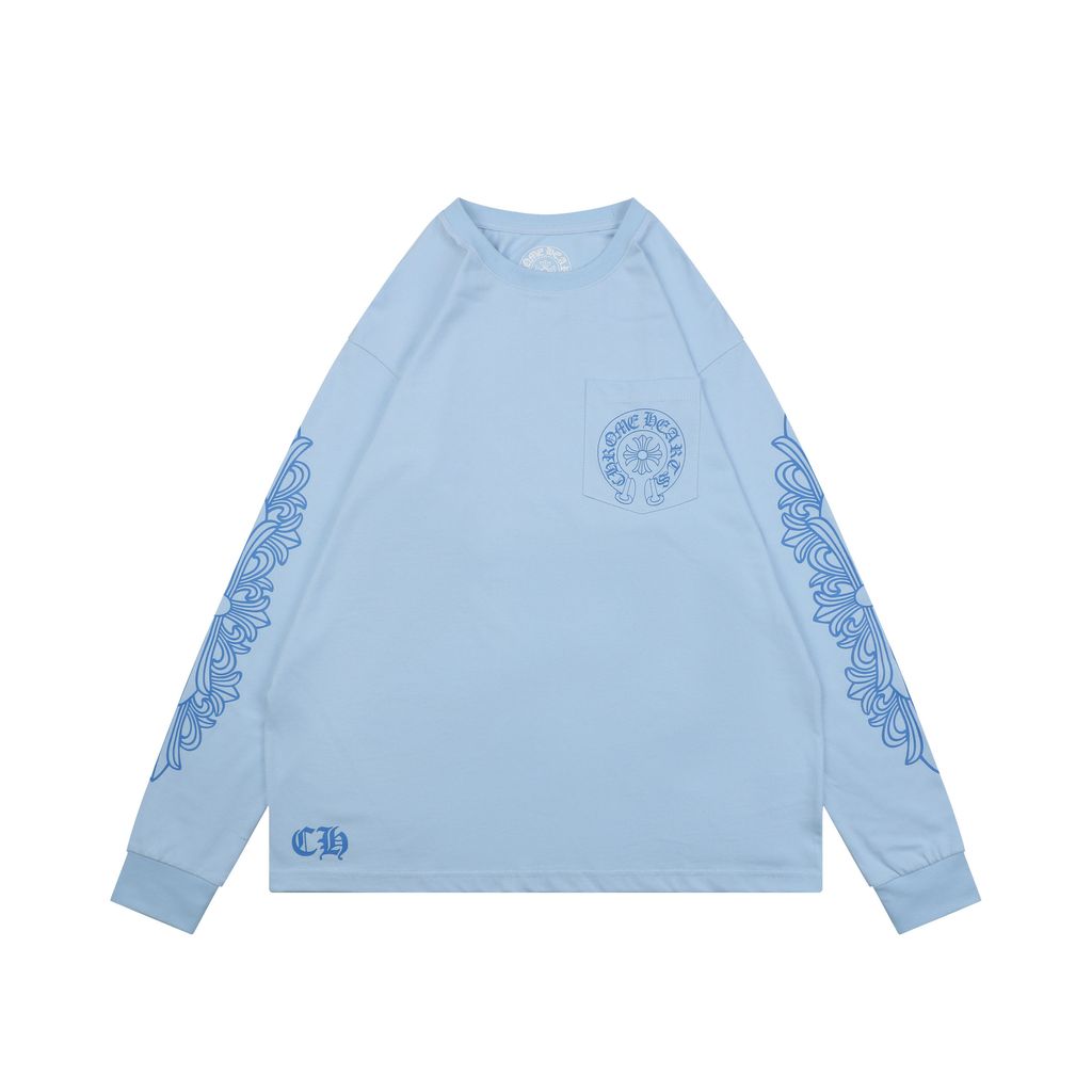 Chrome Hearts cross sleeve Sanskrit scroll print long sleeve T-shirt light blue 220g 100 percent cotton brushed finish high temperature ink relaxed unisex fit sizes S-L