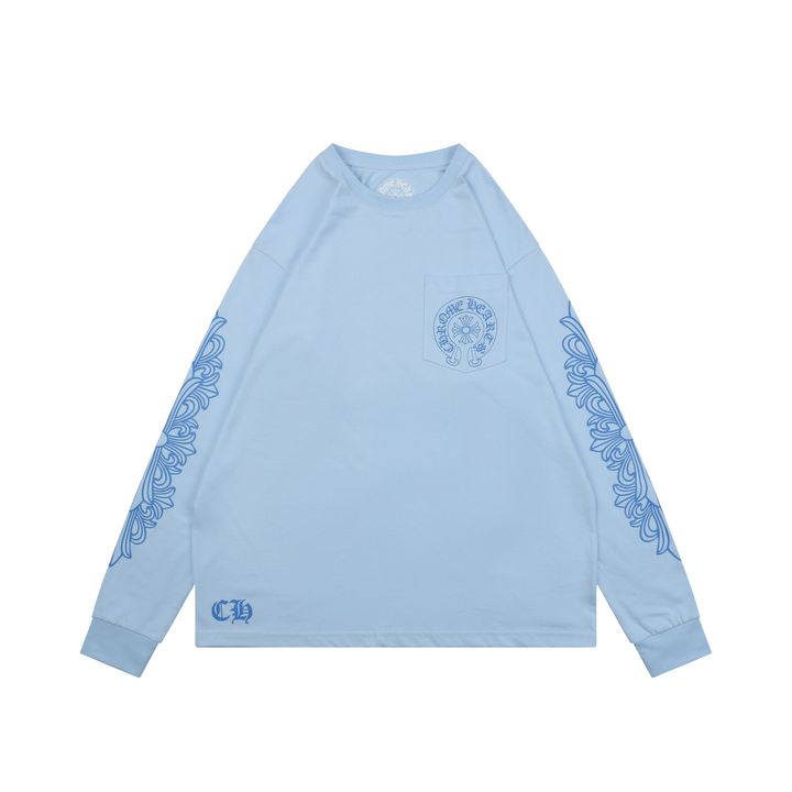 Chrome Hearts cross sleeve Sanskrit scroll print long sleeve T-shirt light blue 220g 100 percent cotton brushed finish high temperature ink relaxed unisex fit sizes S-L