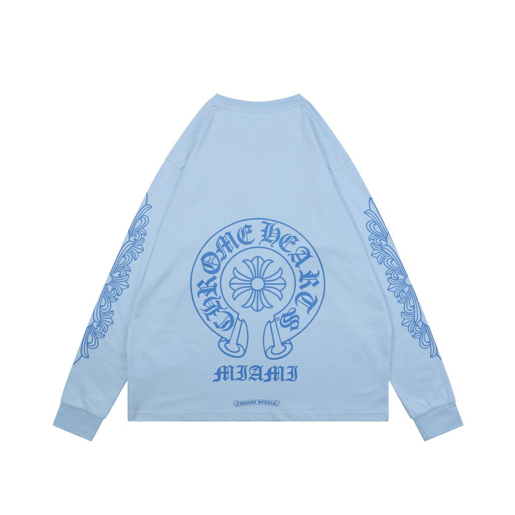 Chrome Hearts cross sleeve Sanskrit scroll print long sleeve T-shirt light blue 220g 100 percent cotton brushed finish high temperature ink relaxed unisex fit sizes S-L