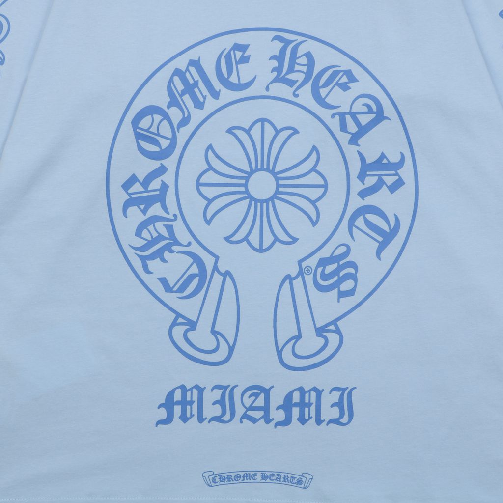 Chrome Hearts cross sleeve Sanskrit scroll print long sleeve T-shirt light blue 220g 100 percent cotton brushed finish high temperature ink relaxed unisex fit sizes S-L