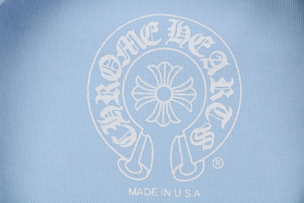 Chrome Hearts cross sleeve Sanskrit scroll print long sleeve T-shirt light blue 220g 100 percent cotton brushed finish high temperature ink relaxed unisex fit sizes S-L