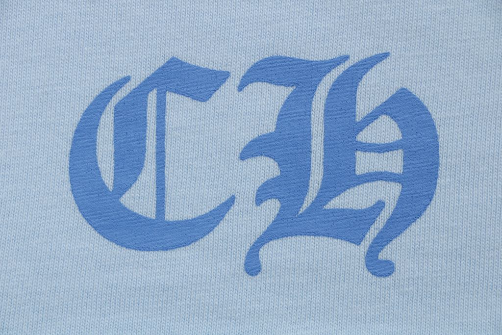 Chrome Hearts cross sleeve Sanskrit scroll print long sleeve T-shirt light blue 220g 100 percent cotton brushed finish high temperature ink relaxed unisex fit sizes S-L