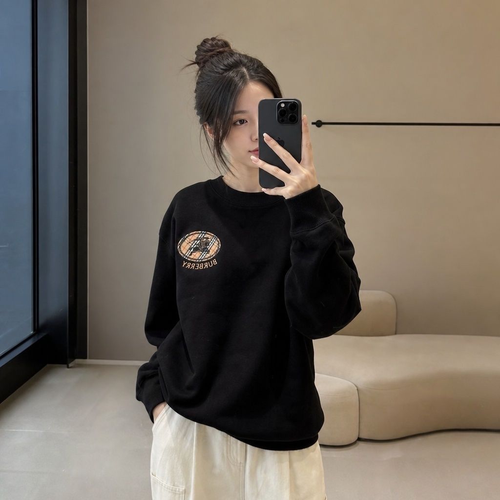 Burberry small logo check ring Equestrian Knight print crew neck sweatshirt 400g double ply French terry digital direct print relaxed fit sizes M-XXL
