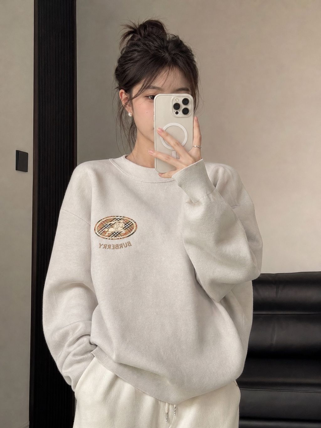 Burberry small logo check ring Equestrian Knight print crew neck sweatshirt white 400g double ply French terry digital direct print relaxed fit sizes M-XXL