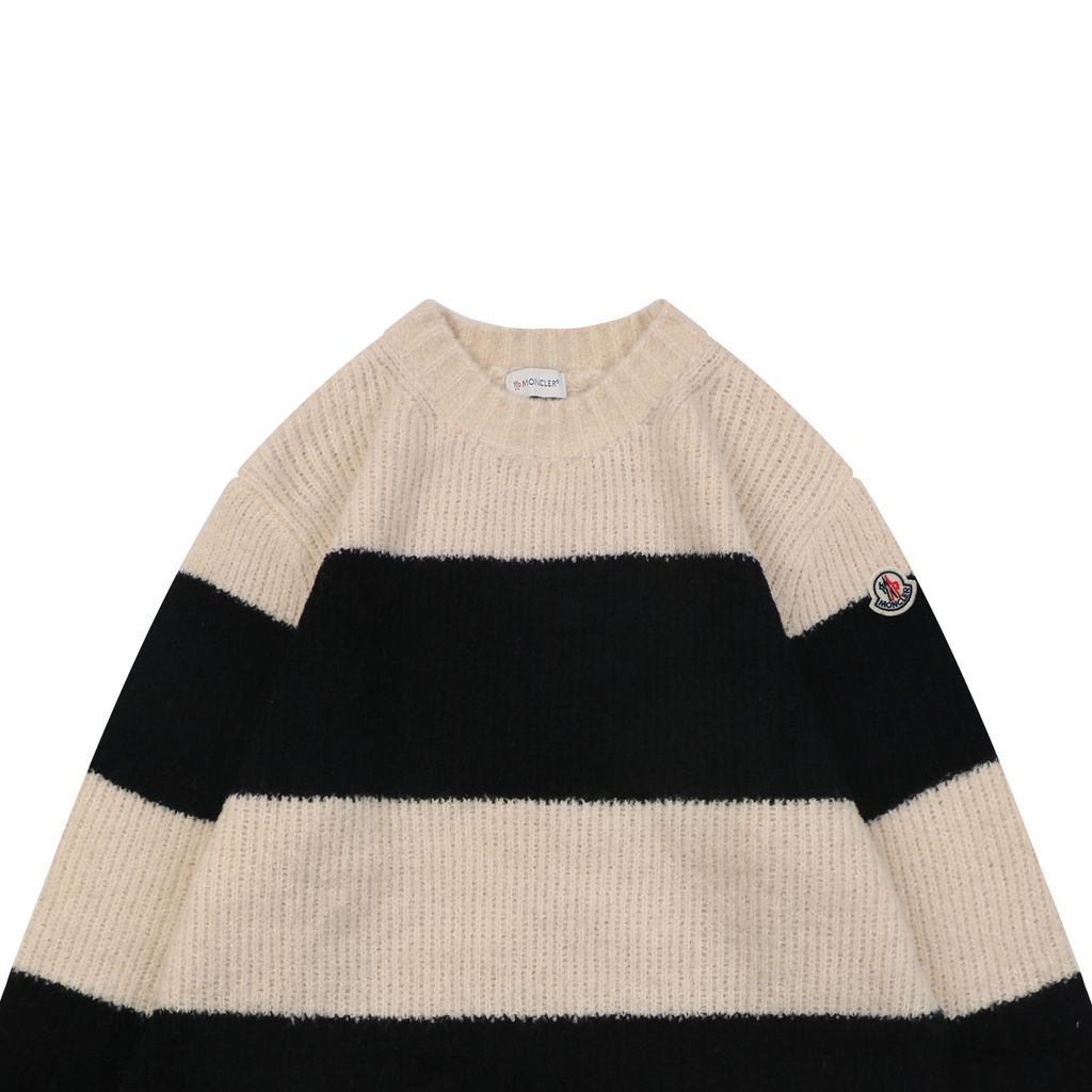 Moncler khaki black stripe crew neck sweater 40 percent wool 10 percent cashmere 50 percent cotton 7 gauge jacquard knit mens sweater sizes S-XL