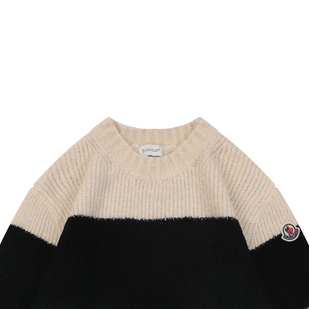 Moncler khaki black stripe crew neck sweater 40 percent wool 10 percent cashmere 50 percent cotton 7 gauge jacquard knit mens sweater sizes S-XL