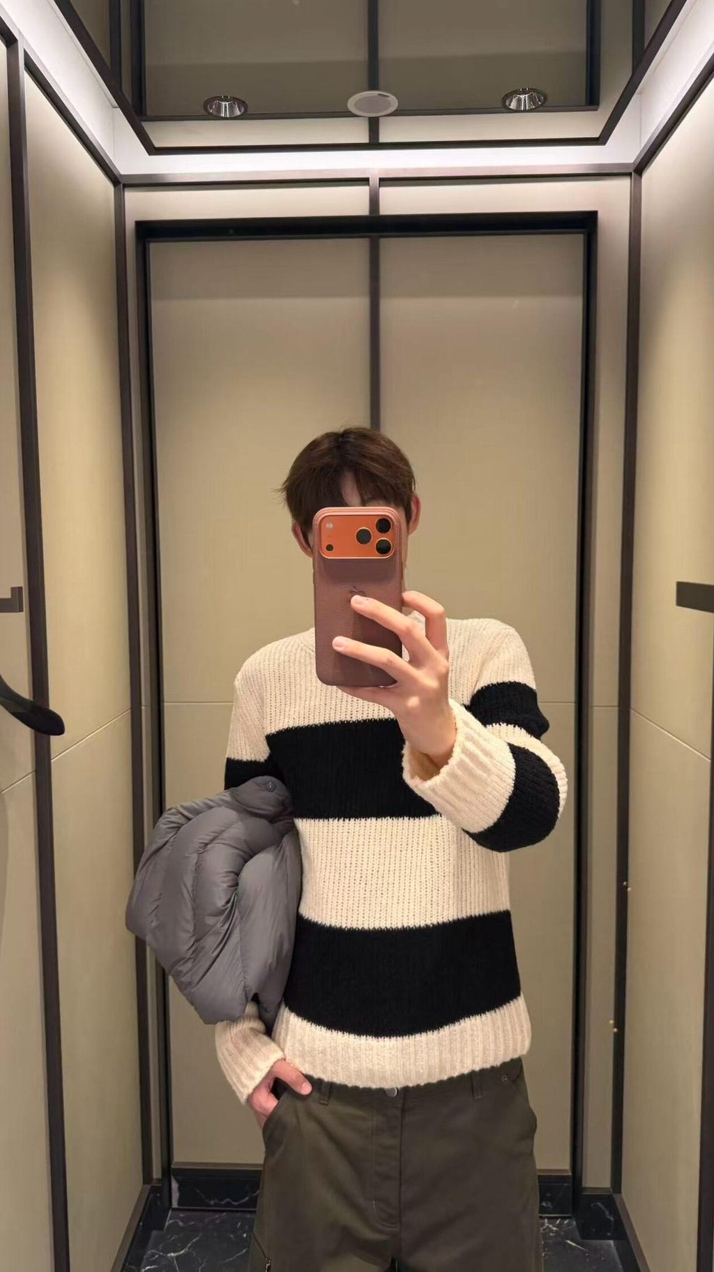 Moncler khaki black stripe crew neck sweater 40 percent wool 10 percent cashmere 50 percent cotton 7 gauge jacquard knit mens sweater sizes S-XL