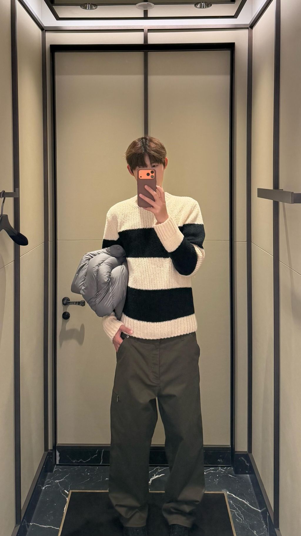 Moncler khaki black stripe crew neck sweater 40 percent wool 10 percent cashmere 50 percent cotton 7 gauge jacquard knit mens sweater sizes S-XL