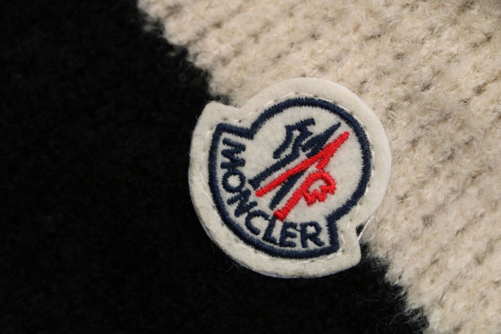 Moncler khaki black stripe crew neck sweater 40 percent wool 10 percent cashmere 50 percent cotton 7 gauge jacquard knit mens sweater sizes S-XL