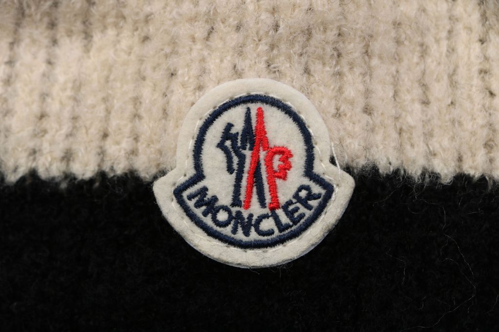 Moncler khaki black stripe crew neck sweater 40 percent wool 10 percent cashmere 50 percent cotton 7 gauge jacquard knit mens sweater sizes S-XL