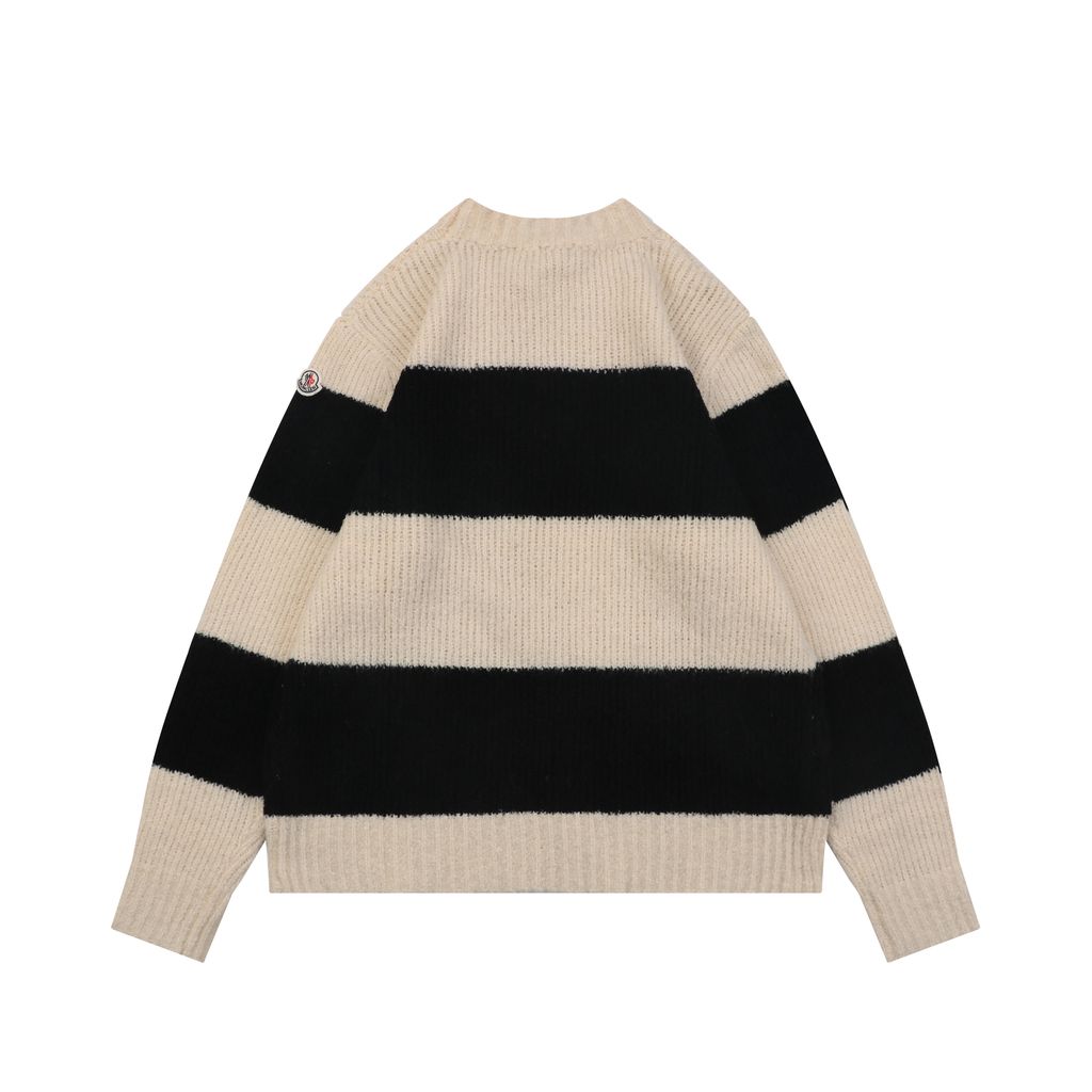 Moncler khaki black stripe crew neck sweater 40 percent wool 10 percent cashmere 50 percent cotton 7 gauge jacquard knit mens sweater sizes S-XL