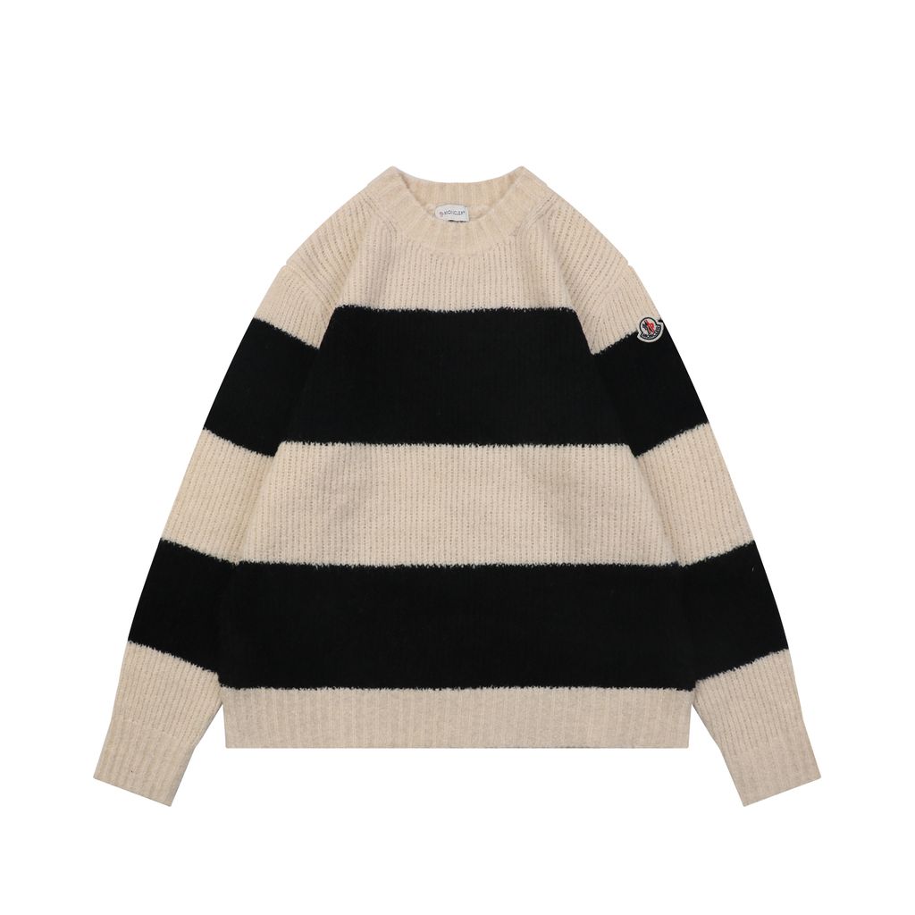 Moncler khaki black stripe crew neck sweater 40 percent wool 10 percent cashmere 50 percent cotton 7 gauge jacquard knit mens sweater sizes S-XL