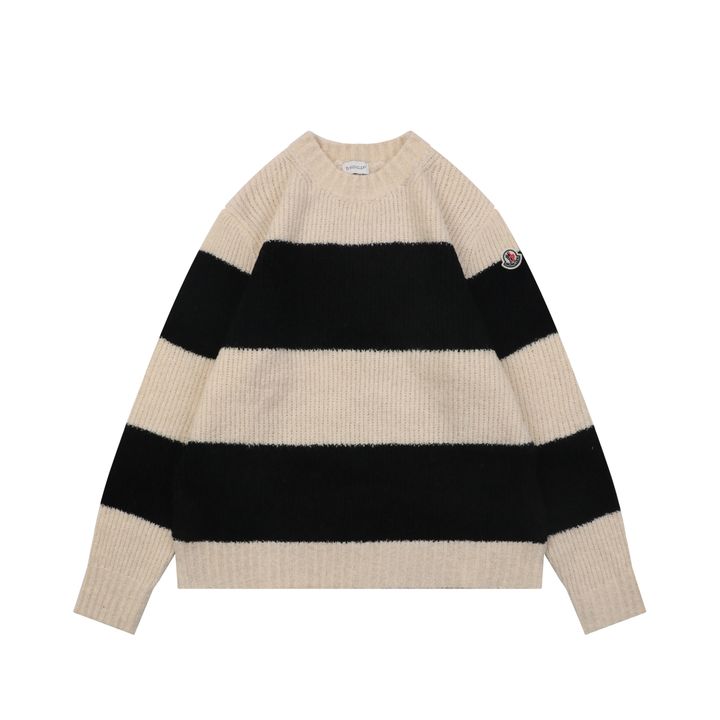 Moncler khaki black stripe crew neck sweater 40 percent wool 10 percent cashmere 50 percent cotton 7 gauge jacquard knit mens sweater sizes S-XL