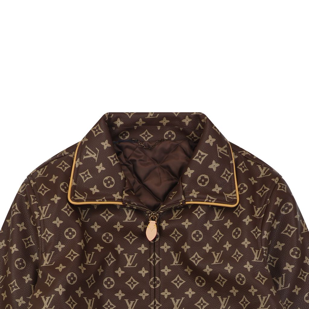 Louis Vuitton Monogram grained leather jacket brown all over Monogram print gold tone motifs yellow piping side pockets sizes 46 48 50 52