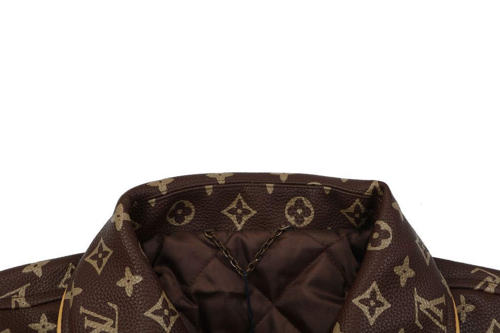 Louis Vuitton Monogram grained leather jacket brown all over Monogram print gold tone motifs yellow piping side pockets sizes 46 48 50 52