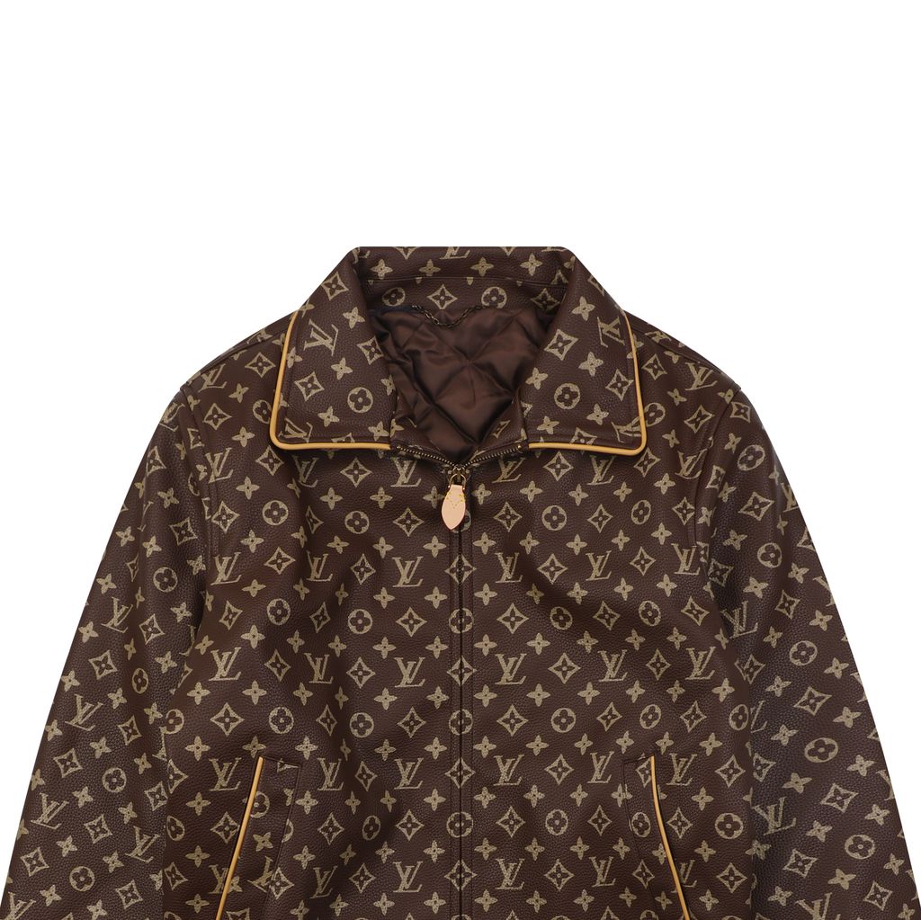 Louis Vuitton Monogram grained leather jacket brown all over Monogram print gold tone motifs yellow piping side pockets sizes 46 48 50 52