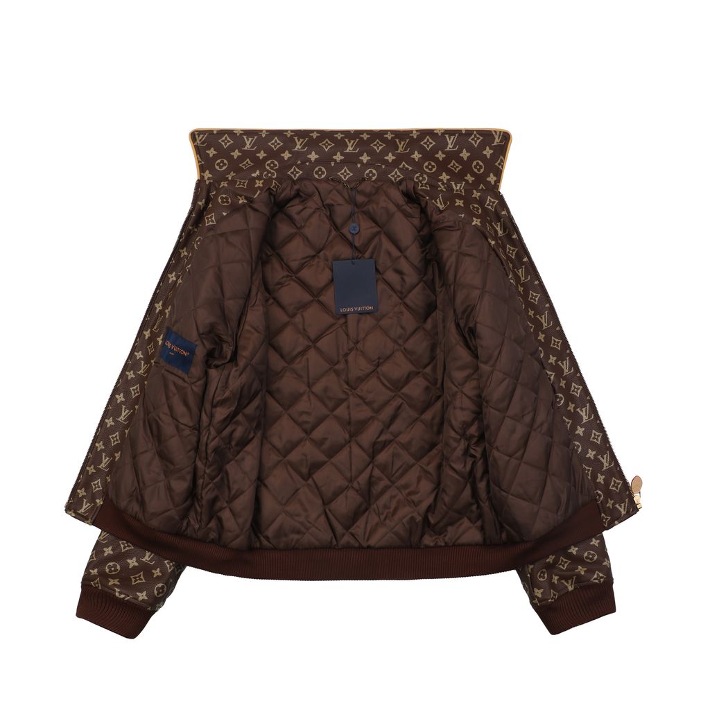 Louis Vuitton Monogram grained leather jacket brown all over Monogram print gold tone motifs yellow piping side pockets sizes 46 48 50 52