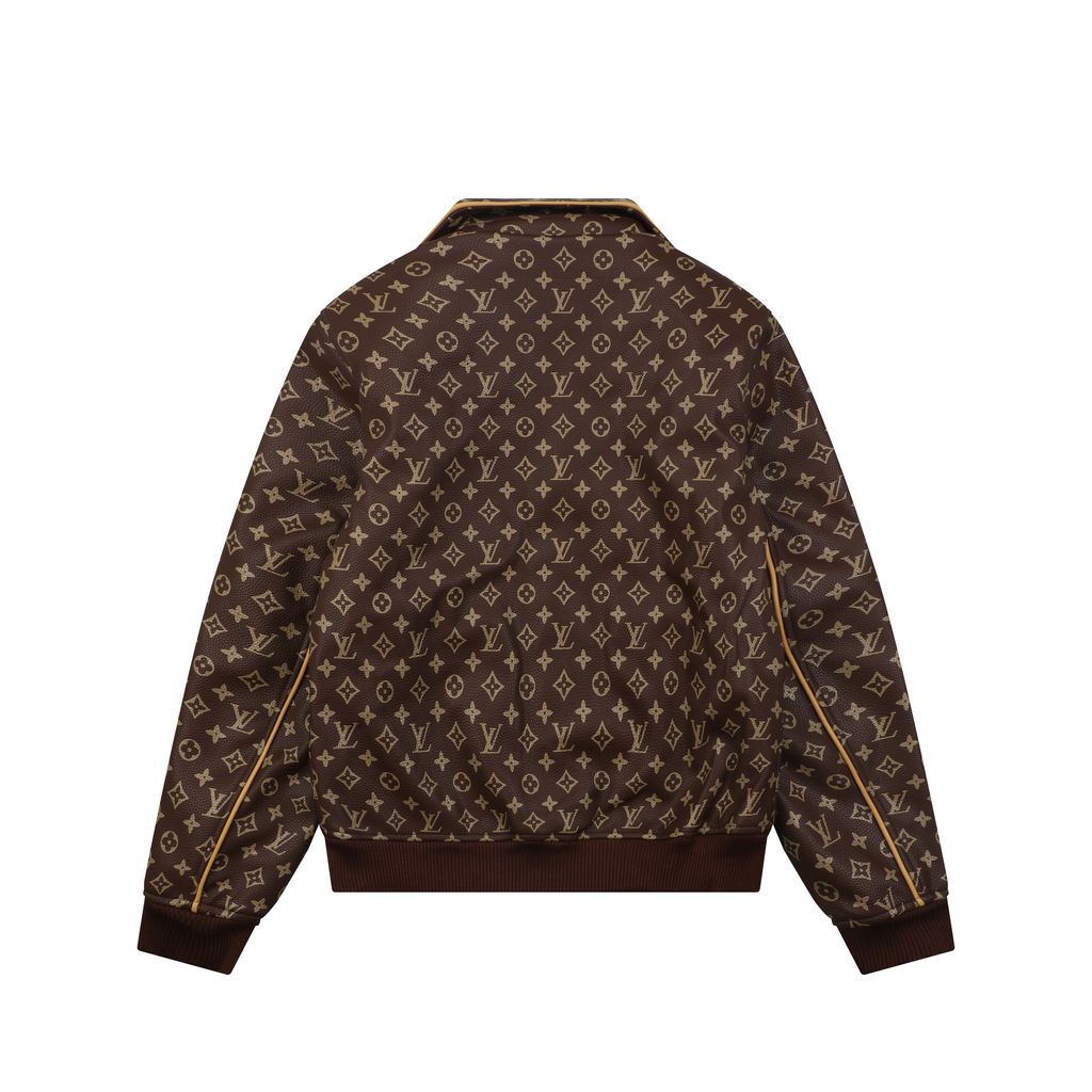 Louis Vuitton Monogram grained leather jacket brown all over Monogram print gold tone motifs yellow piping side pockets sizes 46 48 50 52