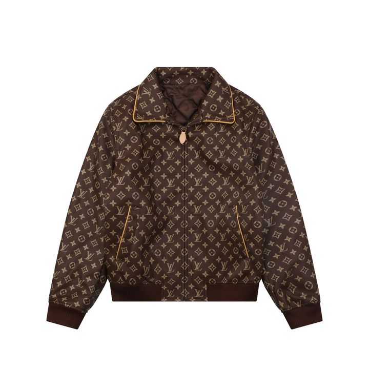 Louis Vuitton Monogram grained leather jacket brown all over Monogram print gold tone motifs yellow piping side pockets sizes 46 48 50 52