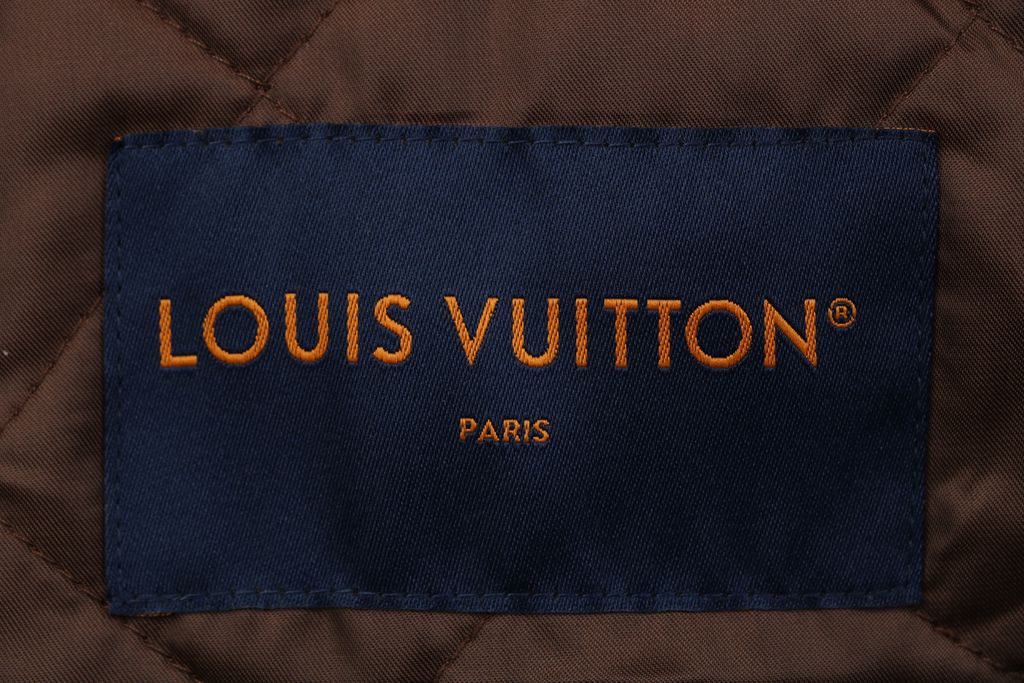 Louis Vuitton Monogram grained leather jacket brown all over Monogram print gold tone motifs yellow piping side pockets sizes 46 48 50 52
