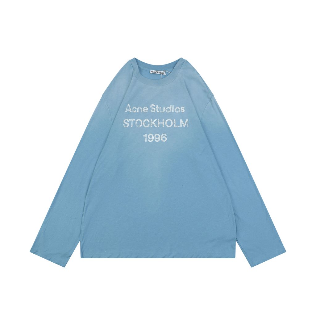 Acne Studios 1996 mottled letter print long sleeve T-shirt ice blue 15 percent linen 85 percent cotton 200g distressed raw edge boxy fit unisex