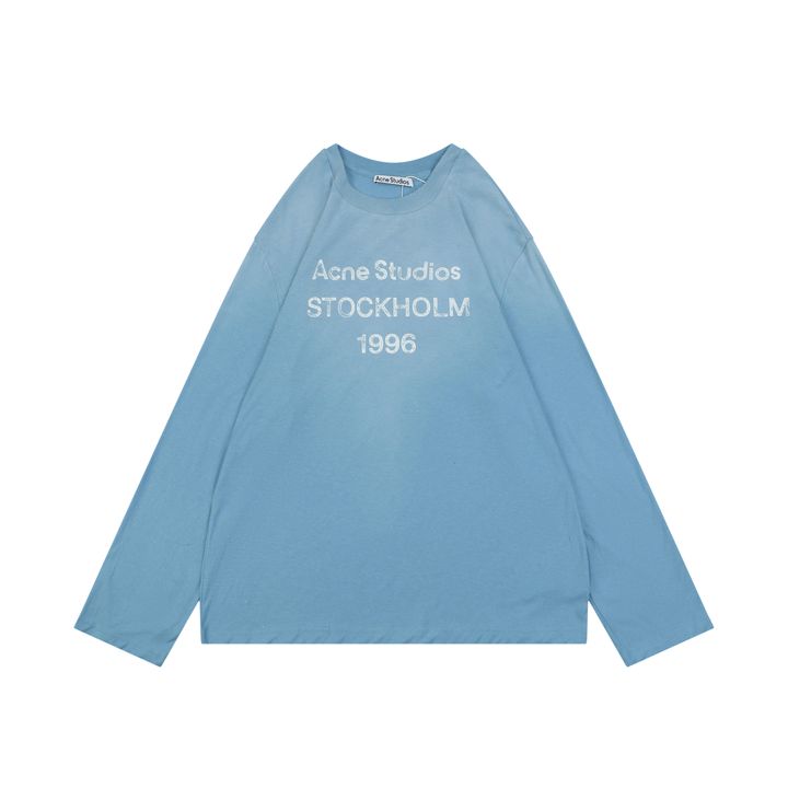 Acne Studios 1996 mottled letter print long sleeve T-shirt ice blue 15 percent linen 85 percent cotton 200g distressed raw edge boxy fit unisex