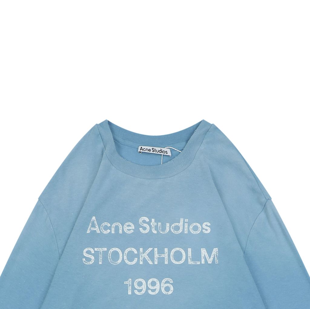 Acne Studios 1996 mottled letter print long sleeve T-shirt ice blue 15 percent linen 85 percent cotton 200g distressed raw edge boxy fit unisex