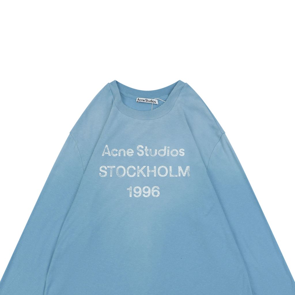 Acne Studios 1996 mottled letter print long sleeve T-shirt ice blue 15 percent linen 85 percent cotton 200g distressed raw edge boxy fit unisex