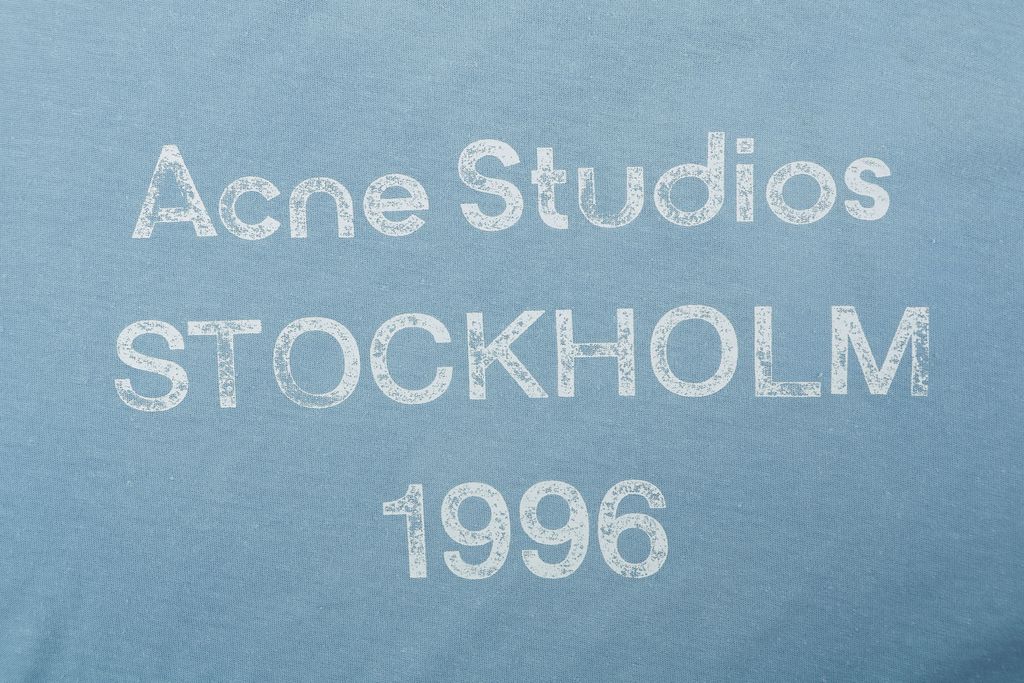 Acne Studios 1996 mottled letter print long sleeve T-shirt ice blue 15 percent linen 85 percent cotton 200g distressed raw edge boxy fit unisex