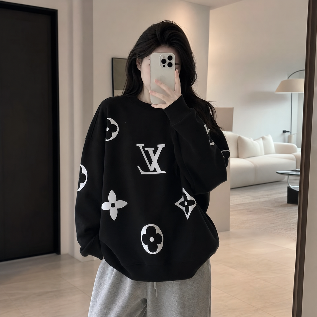Louis Vuitton all over large Monogram crew neck sweatshirt 400g combed cotton dimensional embroidery double washed relaxed fit sizes S-XL