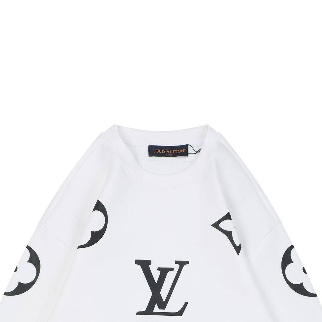 Louis Vuitton all over large Monogram crew neck sweatshirt white 400g combed cotton dimensional embroidery double washed relaxed fit sizes S-XL