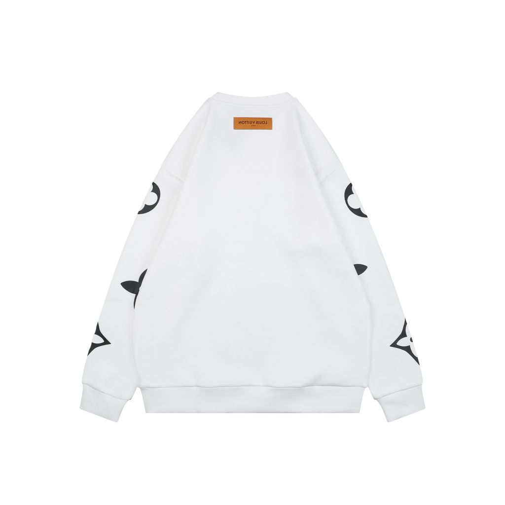 Louis Vuitton all over large Monogram crew neck sweatshirt white 400g combed cotton dimensional embroidery double washed relaxed fit sizes S-XL