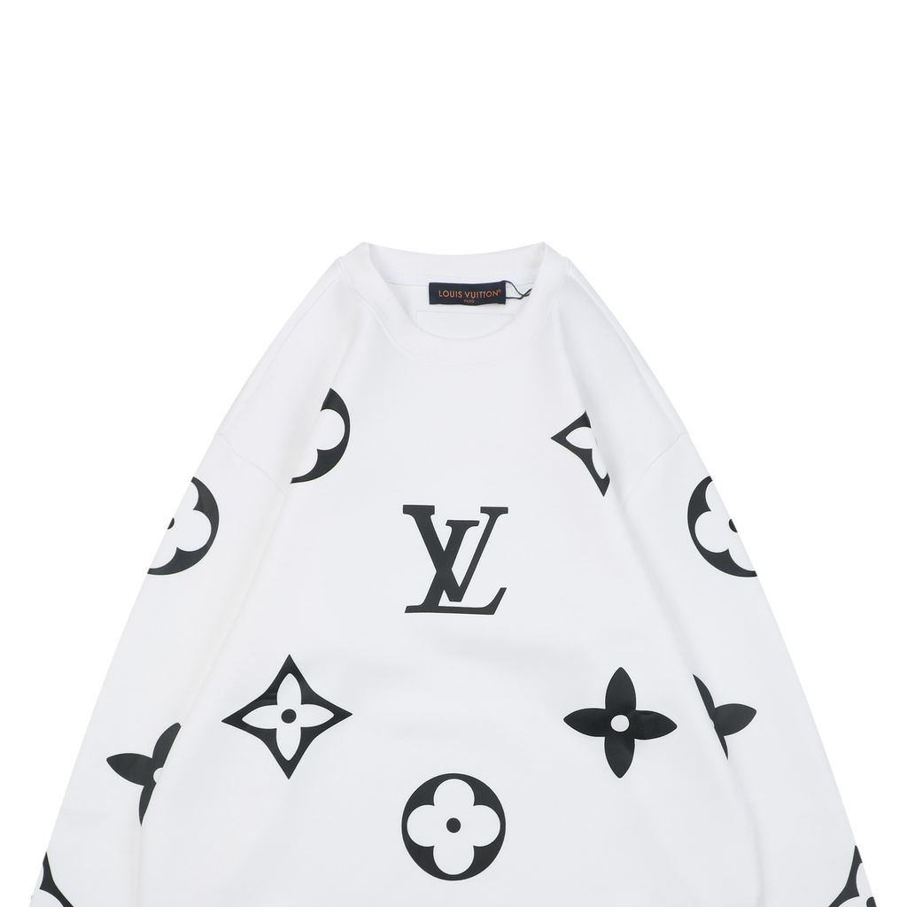 Louis Vuitton all over large Monogram crew neck sweatshirt white 400g combed cotton dimensional embroidery double washed relaxed fit sizes S-XL