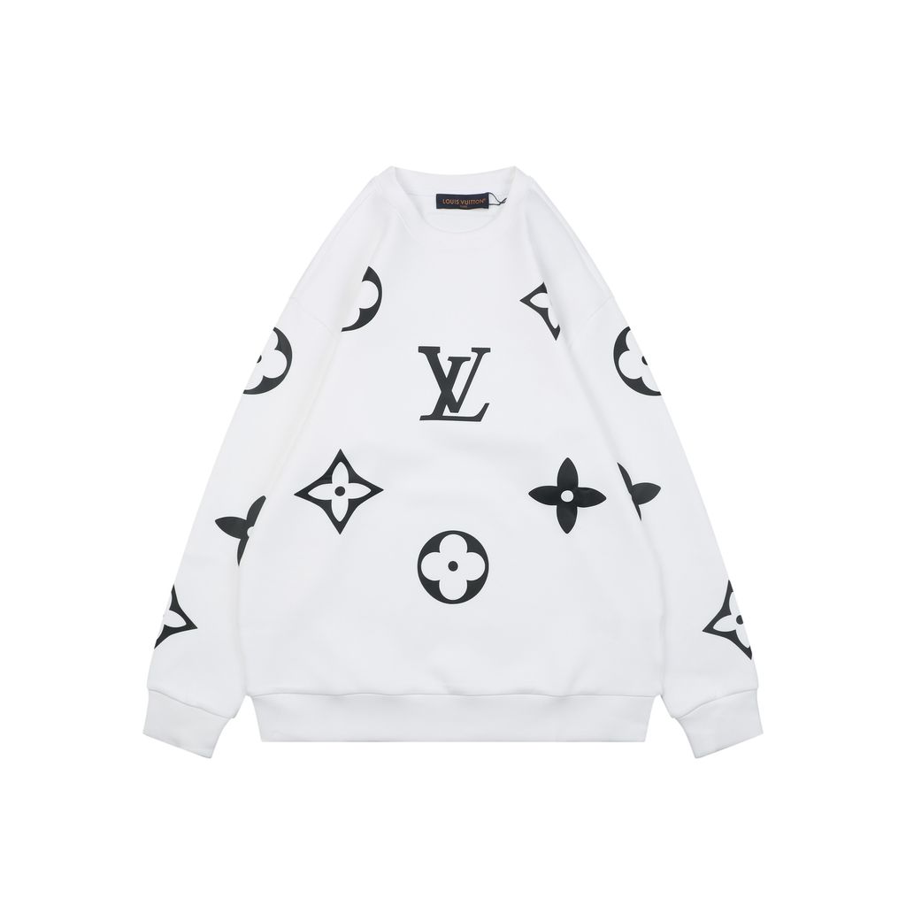 Louis Vuitton all over large Monogram crew neck sweatshirt white 400g combed cotton dimensional embroidery double washed relaxed fit sizes S-XL