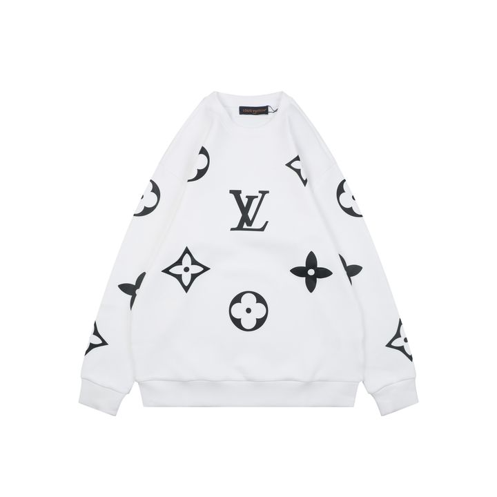 Louis Vuitton all over large Monogram crew neck sweatshirt white 400g combed cotton dimensional embroidery double washed relaxed fit sizes S-XL