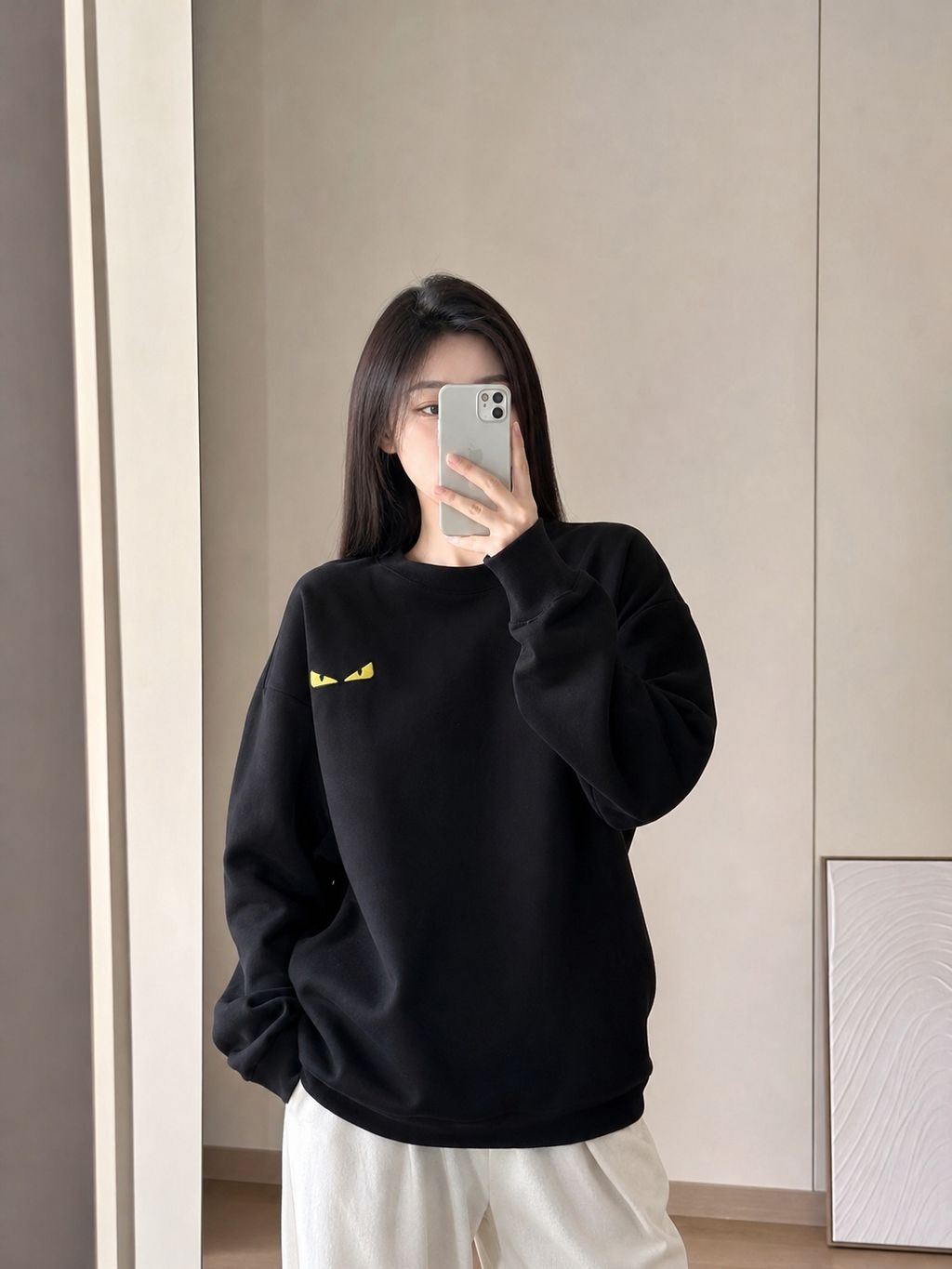Fendi Monster yellow eyes embroidered crew neck sweatshirt black 400g combed cotton dimensional embroidery double washed relaxed fit sizes S-XXL