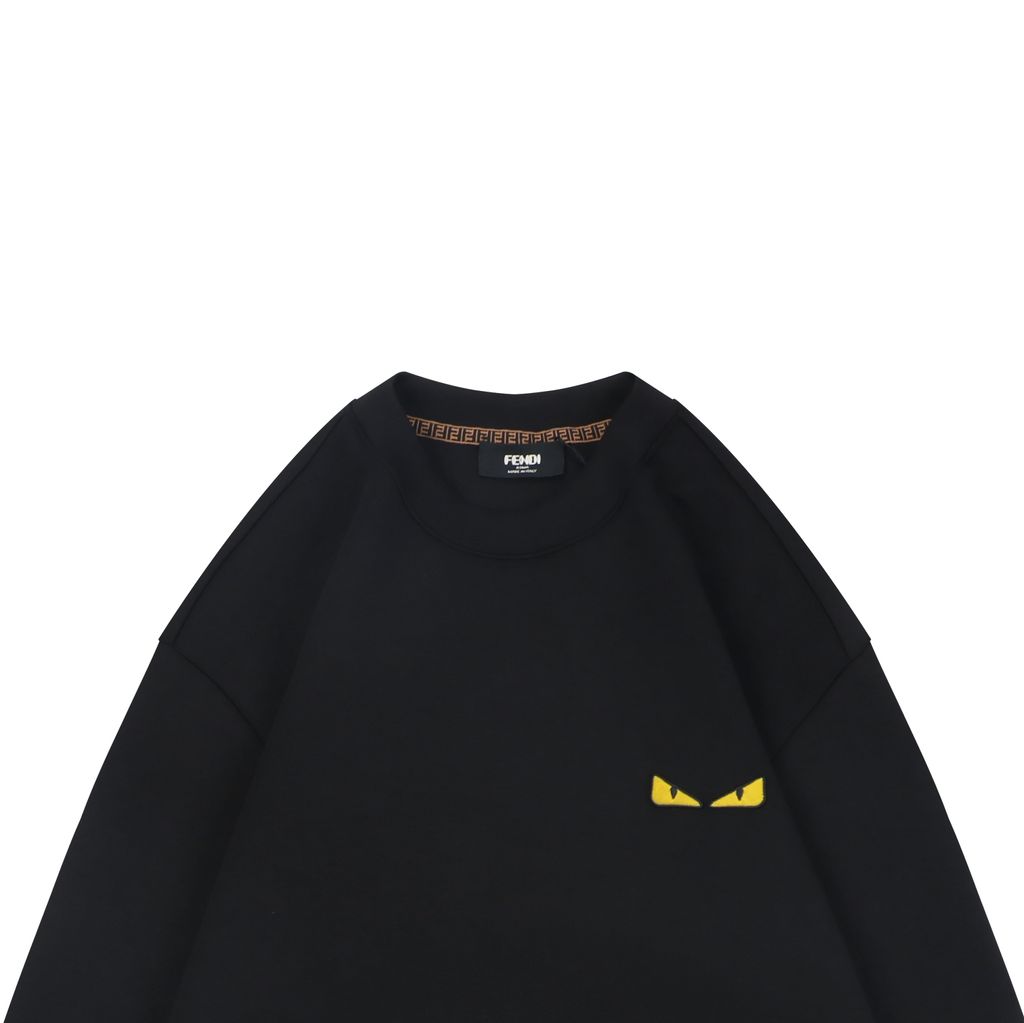Fendi Monster yellow eyes embroidered crew neck sweatshirt black 400g combed cotton dimensional embroidery double washed relaxed fit sizes S-XXL